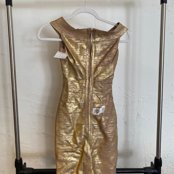 Herve Leger gold shimmer criss cross foil bodycon bandage dress XS NWT - Picture 8 of 13
